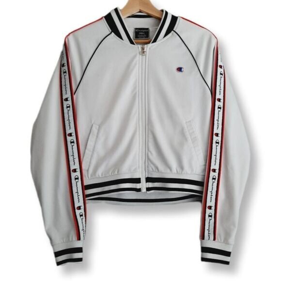 CHAMPION Retro Style Full Zip Athletic Track Jacket White w/ Logo Sz S Flawed - Picture 1 of 15
